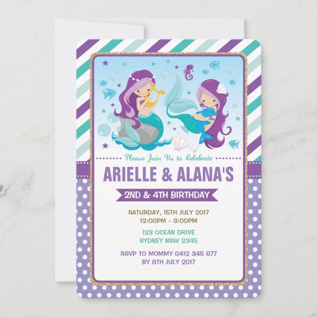Twins Mermaid Birthday Invitation Sisters Siblings (Front)
