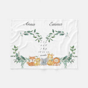 Twins Milestone Gender Neutral Baby Animals Baby B Fleece Blanket