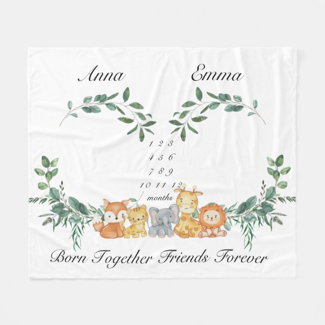 Twins Milestone Gender Neutral Baby Animals Fleece Blanket (Front (Horizontal))