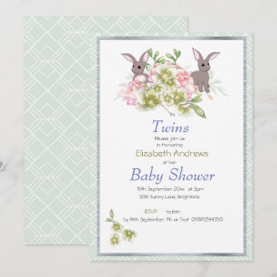 Twins Mint Floral Bunny Baby Shower Invitation