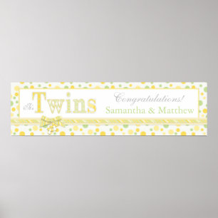 TWINS Mint Green Yellow Dots Baby Shower Banner Poster