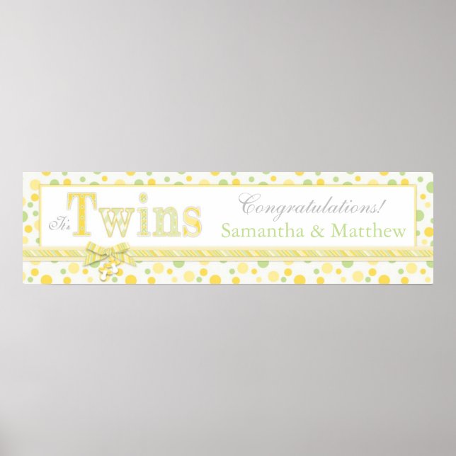 TWINS Mint Green Yellow Dots Baby Shower Banner Poster (Front)