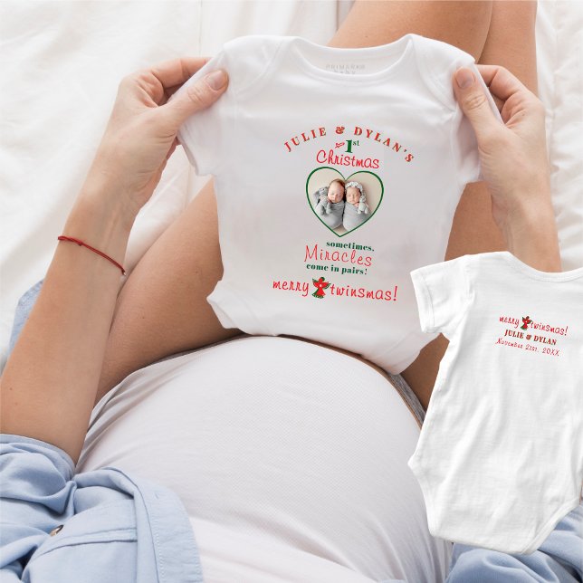 Twins Miracles Come In Pairs Baby 1st Christmas Bodysuit (Twins Miracles Come In Pairs Heart Photo Collage Merry Twinsmas Baby 1st Christmas Baby Bodysuit)