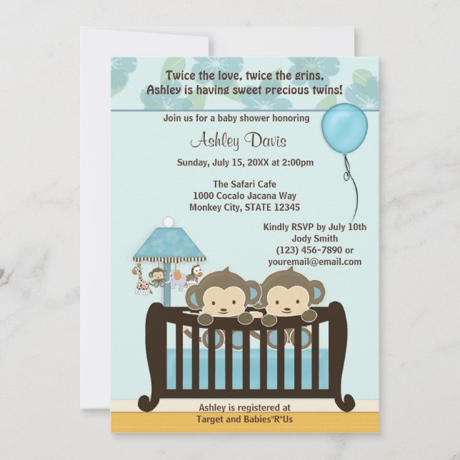 TWINS Monkey Baby Shower Invitation Crib BLUE CJ-B (Front)
