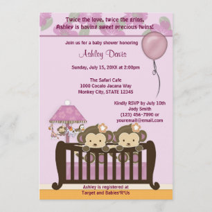 TWINS Monkey Baby Shower Invitation Crib ORCHID