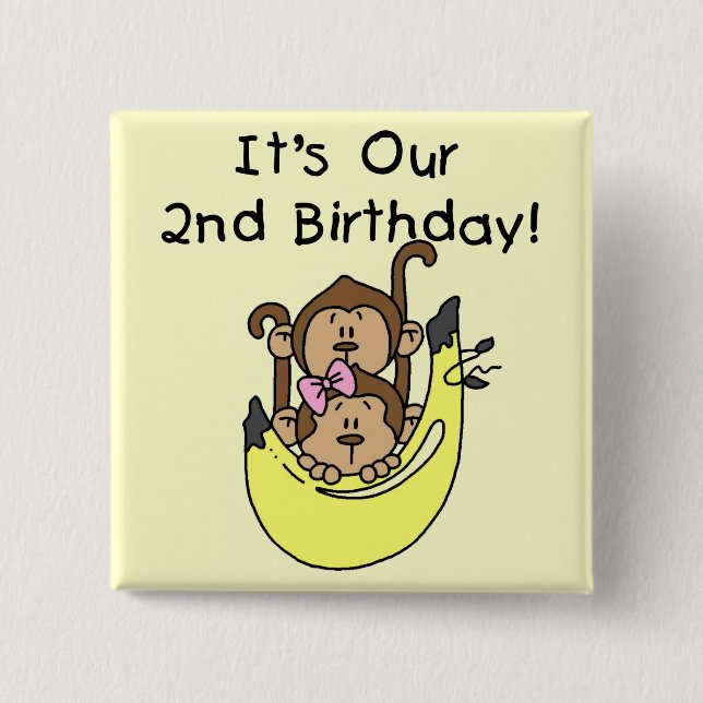Twins Monkey Boy and Girl 2nd Birthday 15 Cm Square Badge (Front)
