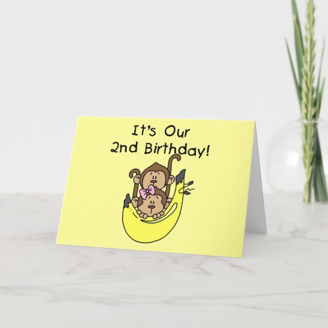 Twins Monkey Boy and Girl 2nd Birthday Card (Front)