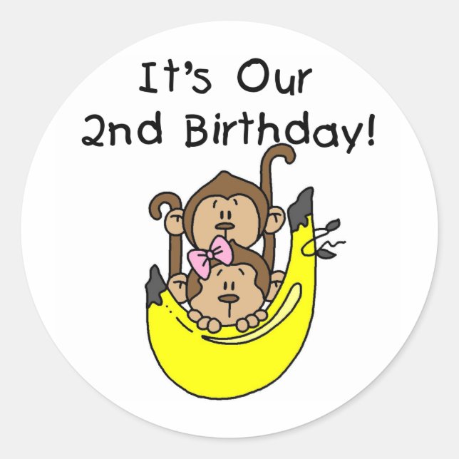 Twins Monkey Boy and Girl 2nd Birthday Classic Round Sticker (Front)