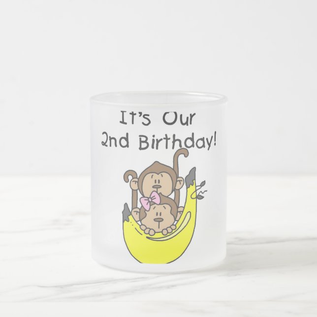 Twins Monkey Boy and Girl 2nd Birthday Frosted Glass Coffee Mug (Center)