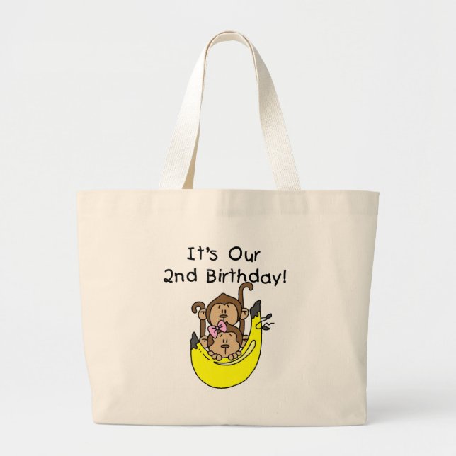 Twins Monkey Boy and Girl 2nd Birthday Large Tote Bag (Front)