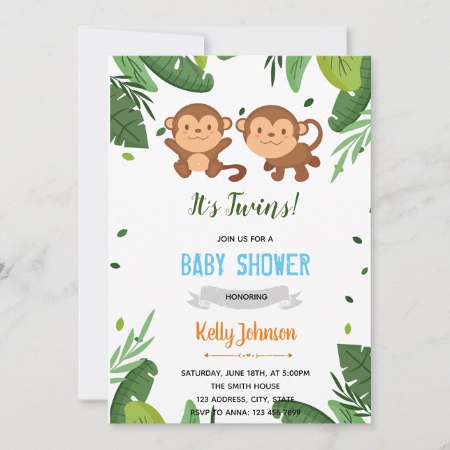 Twins monkey shower invitation (Front)