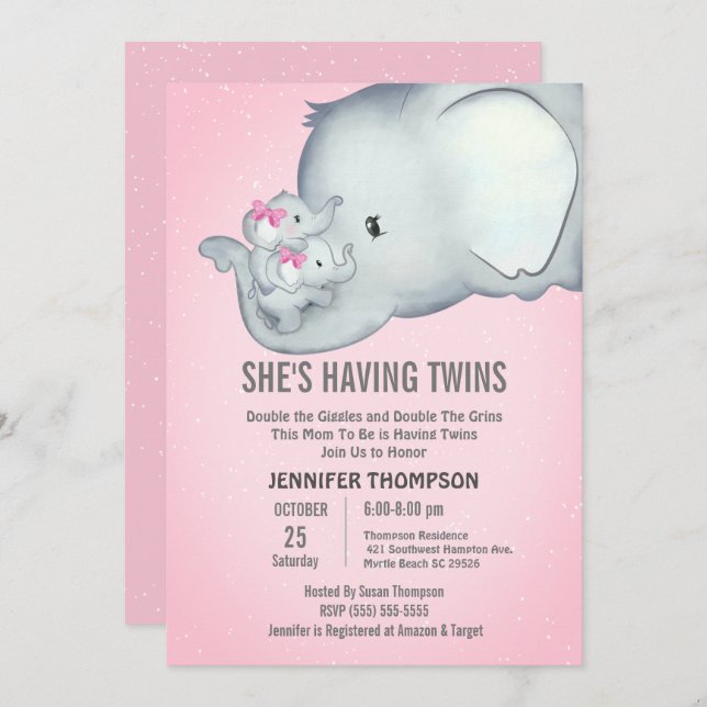 Twins Mummy  Girls Pink Elephant Invitation (Front/Back)