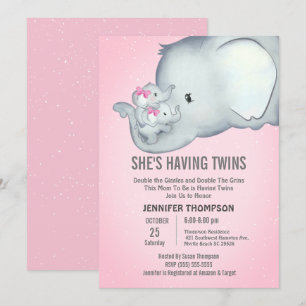 Twins Mummy Girls Pink Elephant Invitation