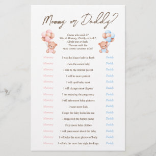 Twins Mummy or Daddy Bear Baby Shower Game Flyer