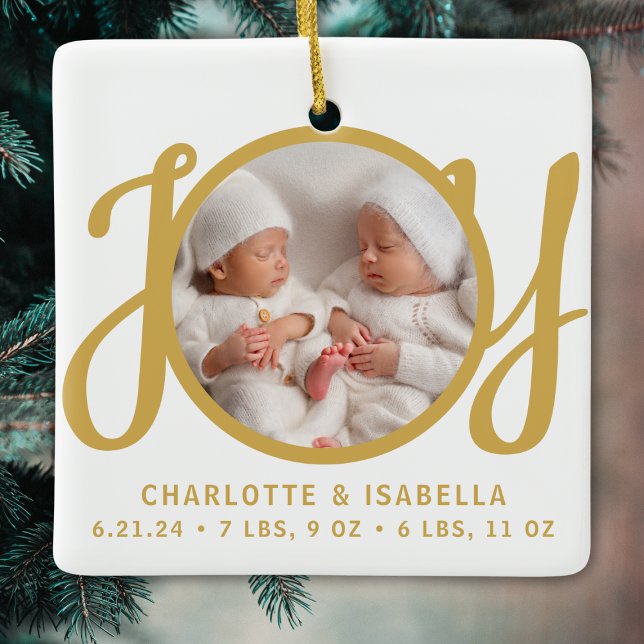 Twins Names Birth Stats Photo Gold Script Keepsake Ceramic Ornament (Creator Uploaded)
