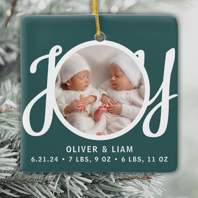 Twins Names Birth Stats Photo Green Keepsake Ceramic Ornament (Creator Uploaded)