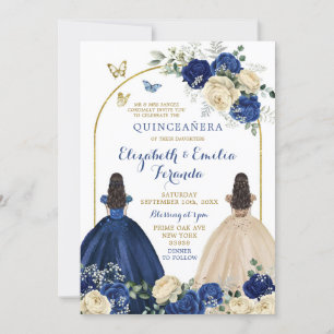 Twins Navy Blue Ivory Princesses Quinceañera Invitation