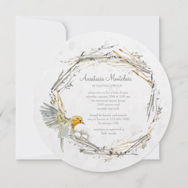 Twin's Nest Round Baby Shower Invitation (Front)