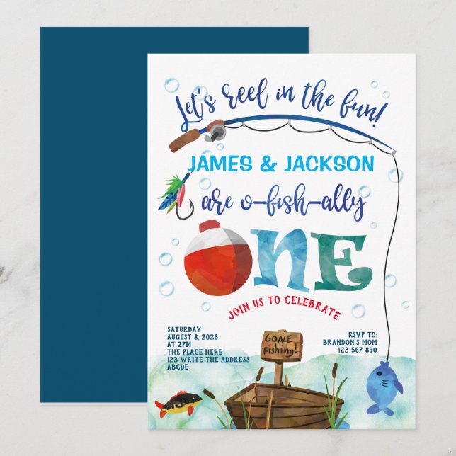 Twins O-fish-ally Little Fisherman 1st birthday Invitation (Front/Back)