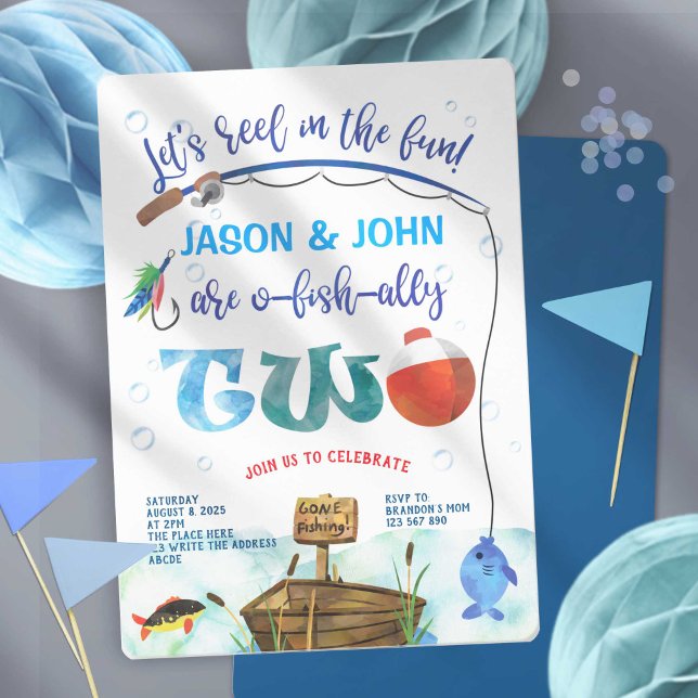 Twins O-fish-ally Little Fisherman 2nd birthday Invitation (Twin boy 2nd birthday invitation, O-fish-ally, fishing themed, little fisherman birthday invites.)