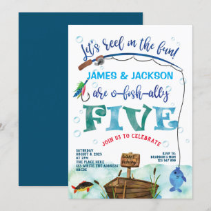 Twins O-fish-ally Little Fisherman 5th birthday Invitation