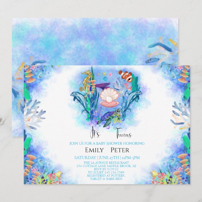 Twins Ocean Sea Animals Baby Shower  Invitation (Front/Back)
