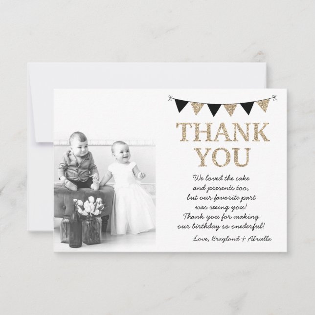 Twins Onederful Thank You Card, Gold Faux Glitter (Front)