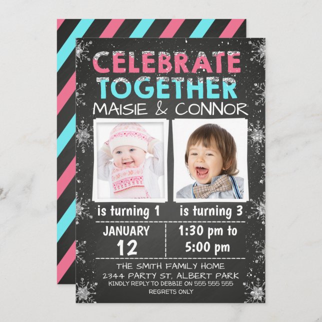 Twins  or Joint Winter Birthday Invitation (Front/Back)