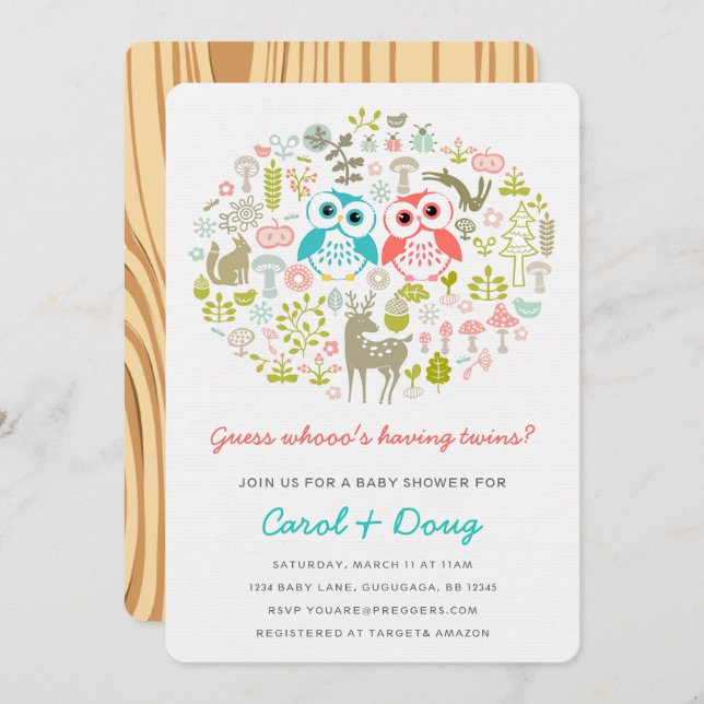 Twins Owl Baby Shower Invite Boy Gril (Front/Back)