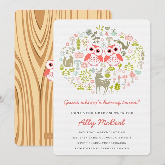 Twins Owl Baby Shower Invite Girls Pink (Front/Back)