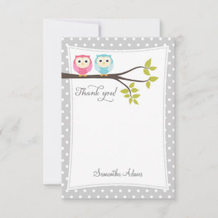 Twins Owls Thank You Card (Grey)