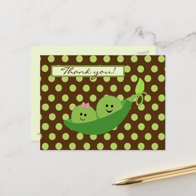 Twins Peas in a Pod Baby Shower Thank You Postcard (Front/Back In Situ)