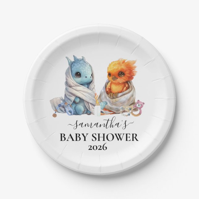 Twins Phoenix Dragon Fantasy Magical  Paper Plate (Front)