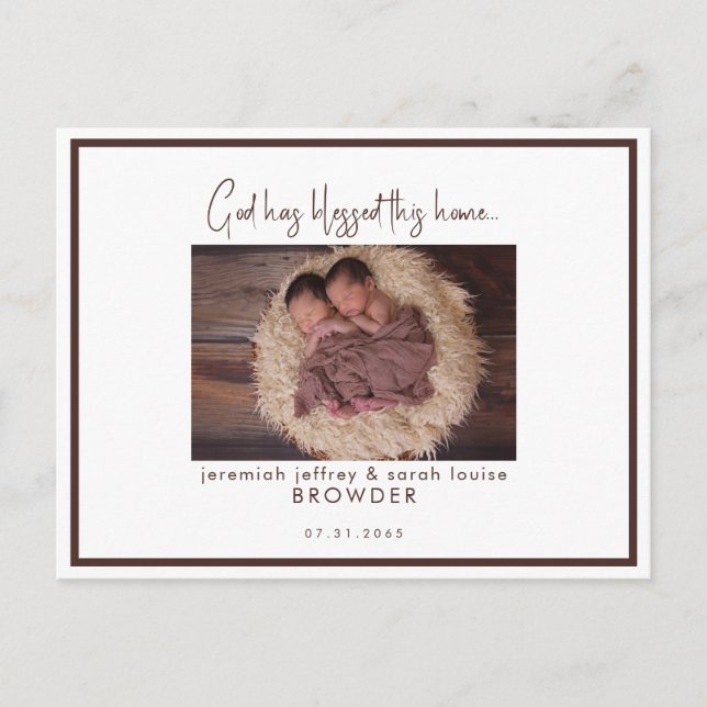 Twins Photo God Has Blessed This Home Birth Announcement Postcard (Front)