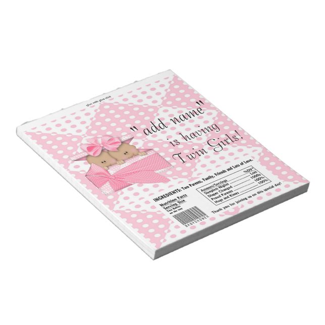 Twins Pink Baby Shower Candy Bar Wrappers Favours Notepad (Angled)