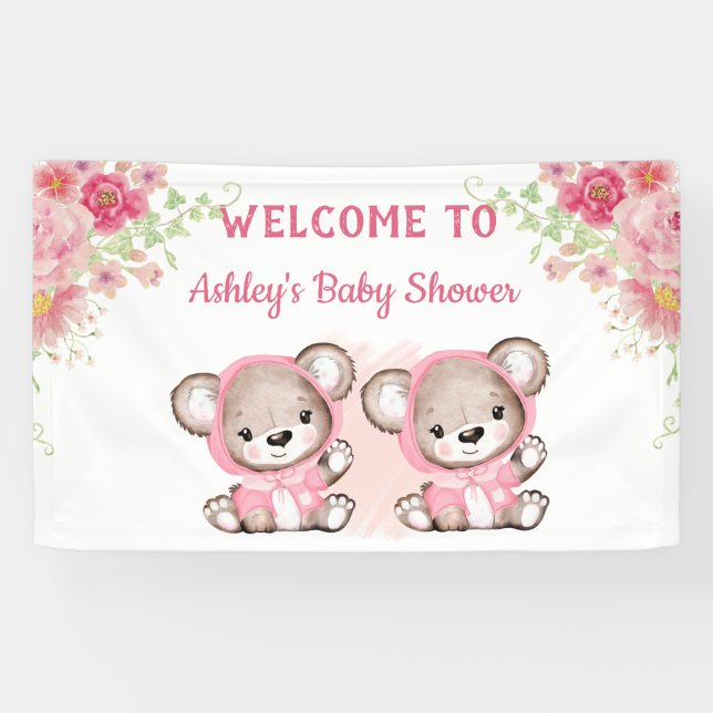  Twins Pink Bears Floral Custom Baby Shower   Banner (Horizontal)