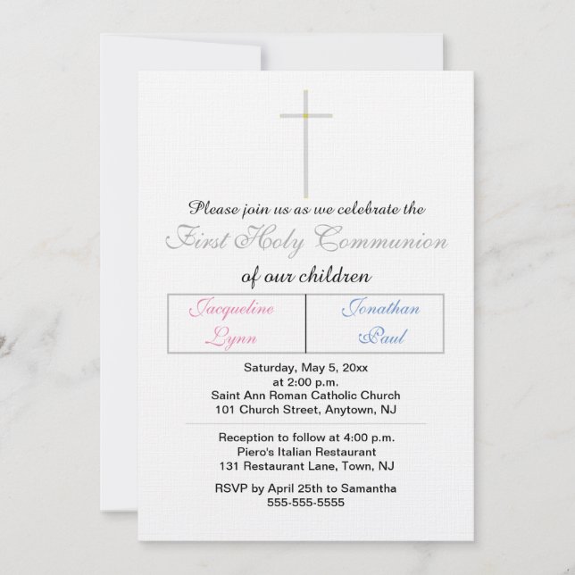 Twins Pink Blue First Holy Communion Invitation (Front)