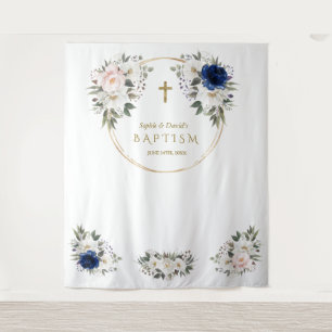 Twins Pink Blue Floral Baptism Gold Photo Prop Tapestry