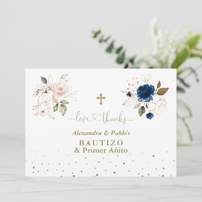 Twins Pink Blue Flowers Primer Añito Y Bautizo Thank You Card (Standing Front)