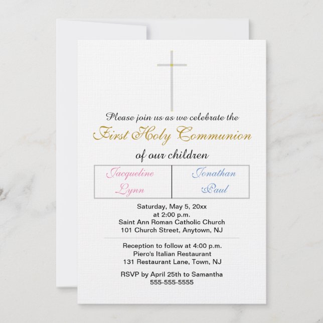 Twins Pink Blue Gold First Holy Communion Invitation (Front)