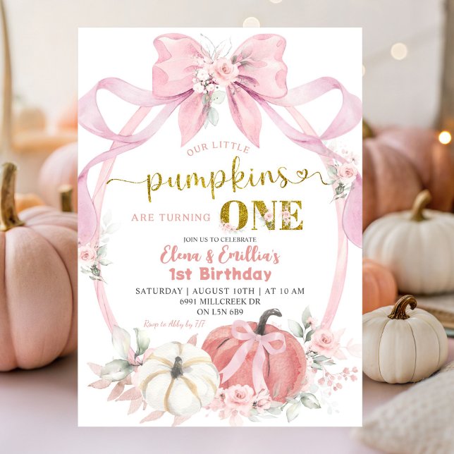 Twins Pink Bow Coquette Little Pumpkins Birthday Invitation (Creator Uploaded)
