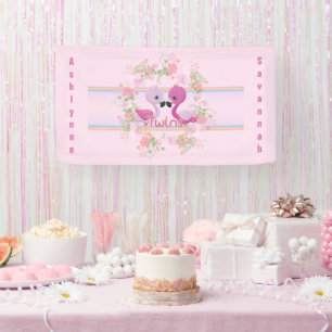 Twins Pink Flamingo Baby Shower Personalised Banner