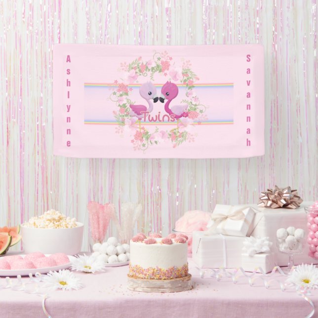 Twins Pink Flamingo Baby Shower Personalised Banner (Party)