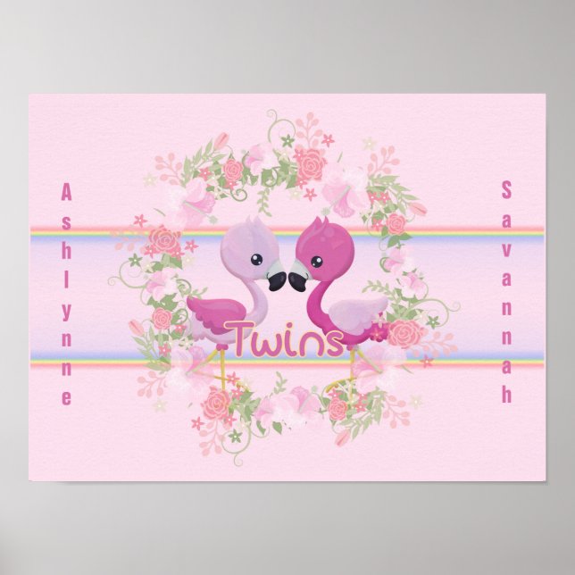 Twins Pink Flamingo Baby Shower Personalised Poster (Front)