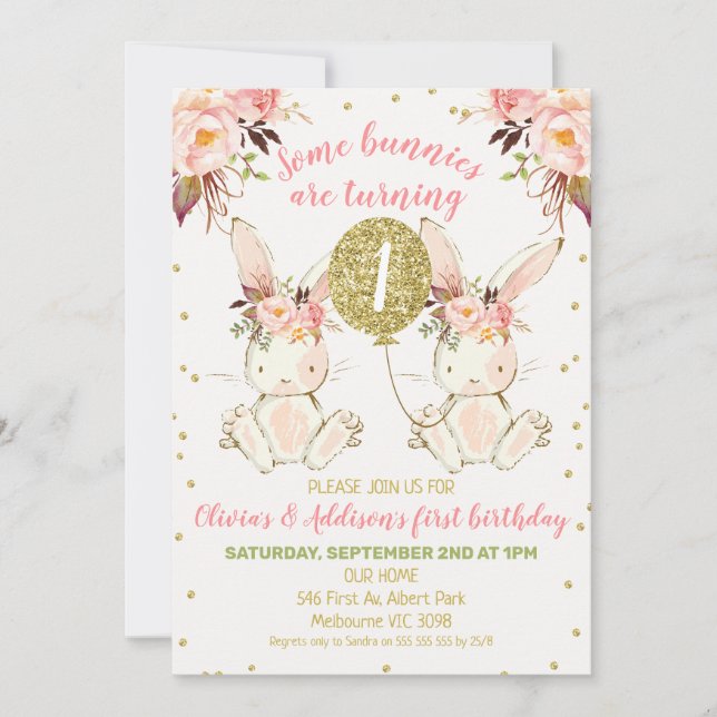 Twins Pink Gold Floral Bunny 1st Birthday Invitation (Front)