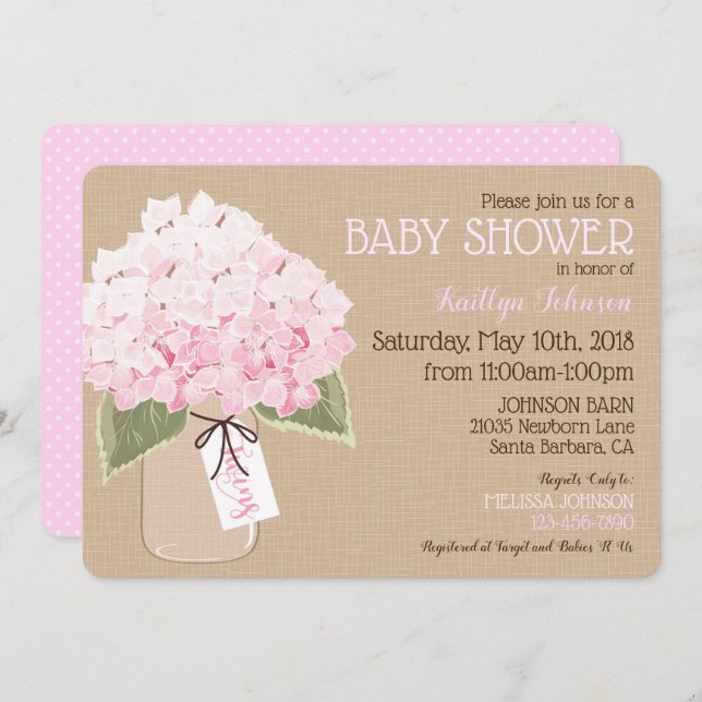 Twins Pink Hydrangea Mason Jar Rustic Baby Shower Invitation (Front/Back)