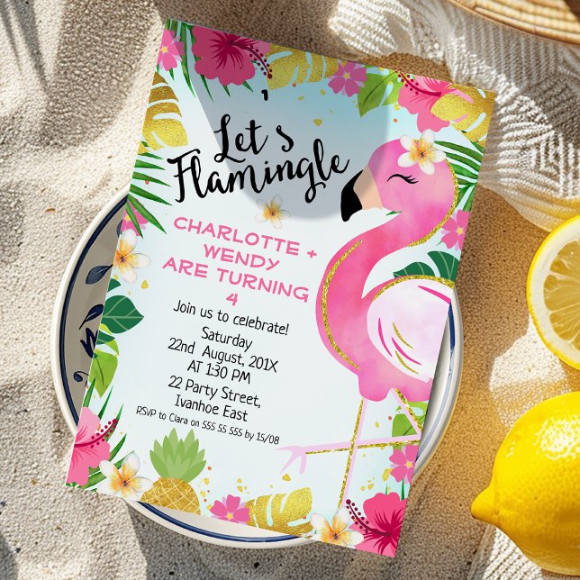 Twins Pink Let's Flamingle Flamingo Birthday Invitation (Flamingo Birthday Invitation Template, Flamingo Twin Birthday Invitation, Let's Flamingle Birthday
)