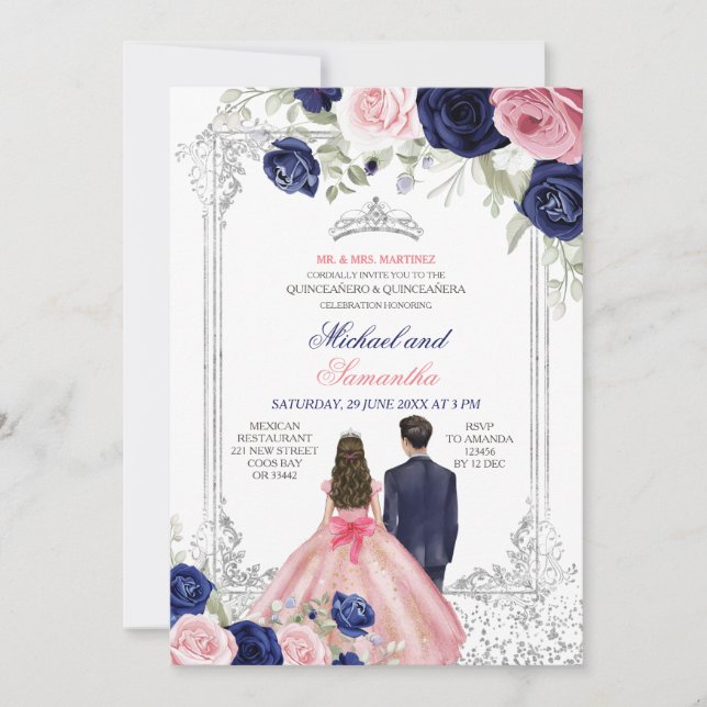 Twins Pink & Navy Blue Floral Silver Quinceañera Invitation (Front)