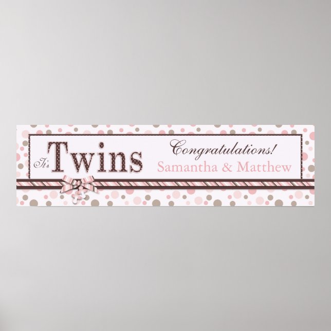 TWINS Pink Taupe Dots Baby Shower Banner Poster (Front)