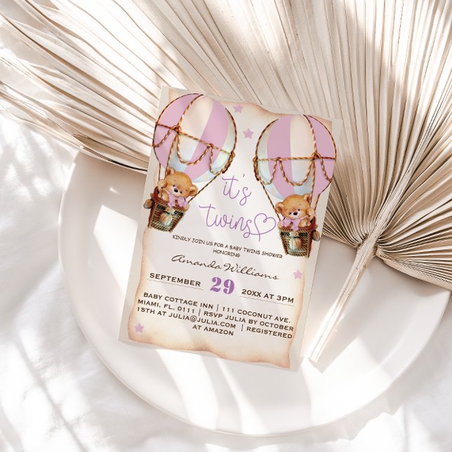 Twins Pink Teddy Bear Hot Air Balloon Baby Shower Invitation (Creator Uploaded)